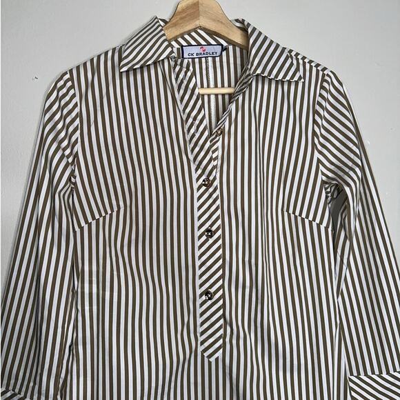 CK Bradley Ivy Dress Taupe Stripe Collared Button Front Size Small White - Picture 3 of 7